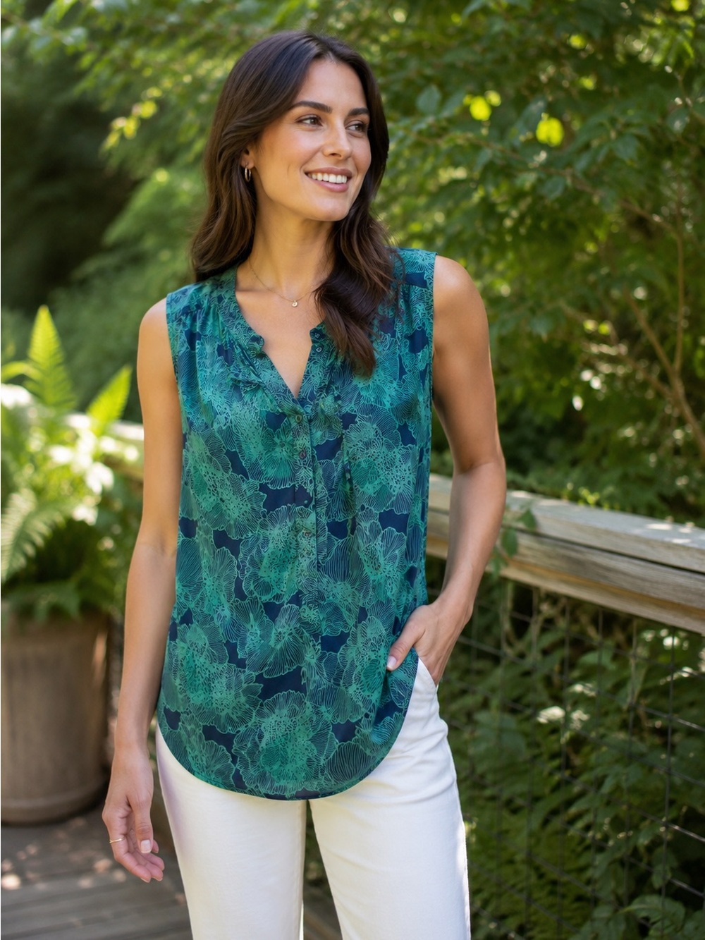 Hawthorn 100% Silk Floral Sleeveless Blouse Top Blue Green Size S